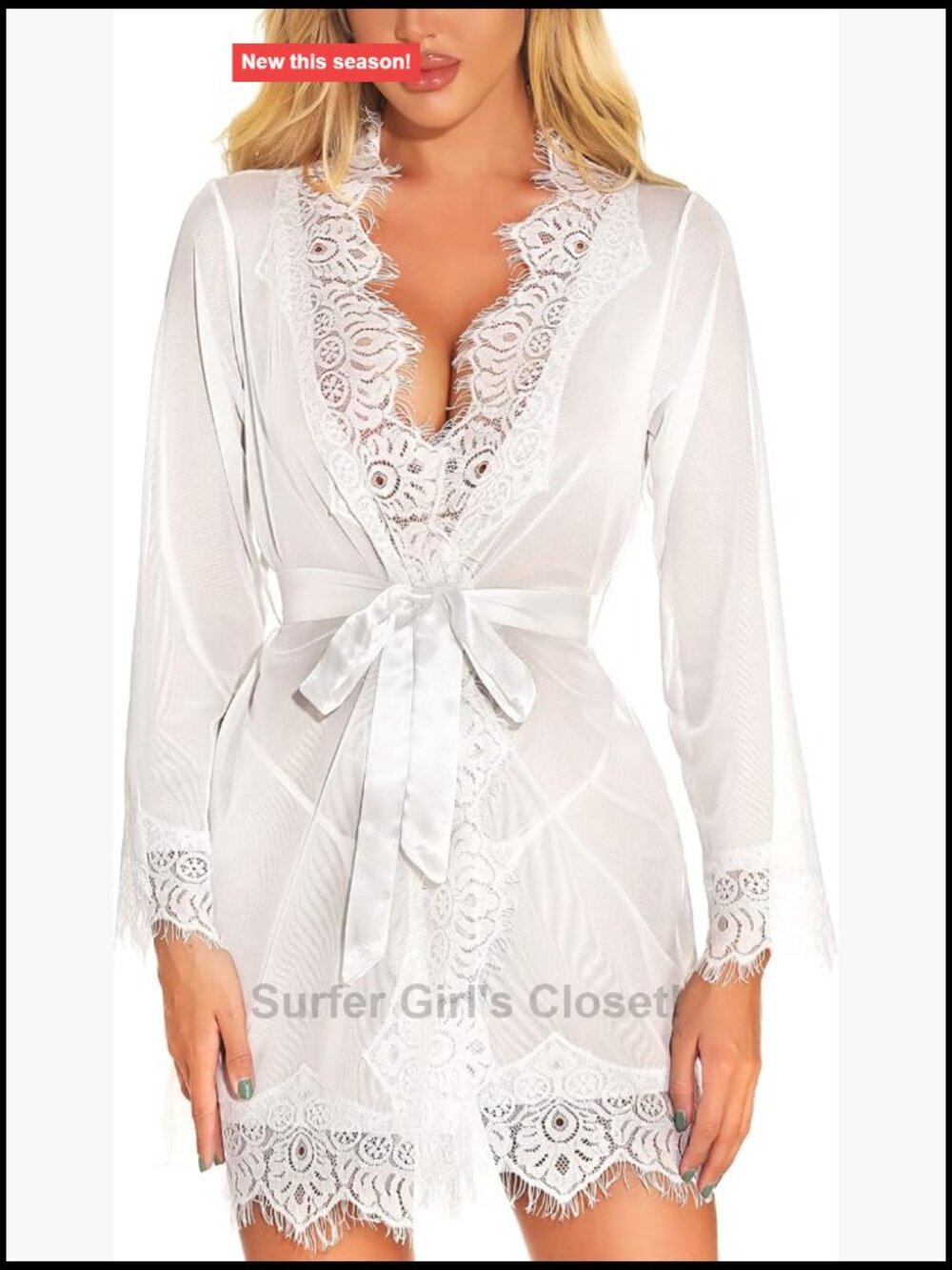 Lace Kimono Robe Mesh Babydoll Lingerie Bridal Set with G-String & Satin Belt